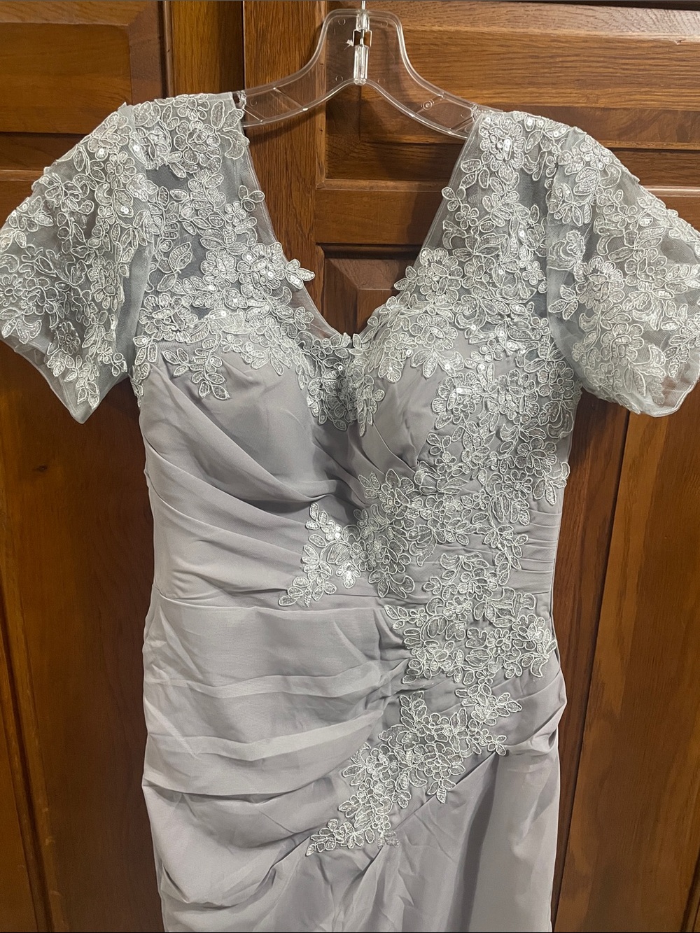 Elegant Lace Appliqué Short Sleeve Evening Dress - Silver Gray (Wedding ) Sz. 8